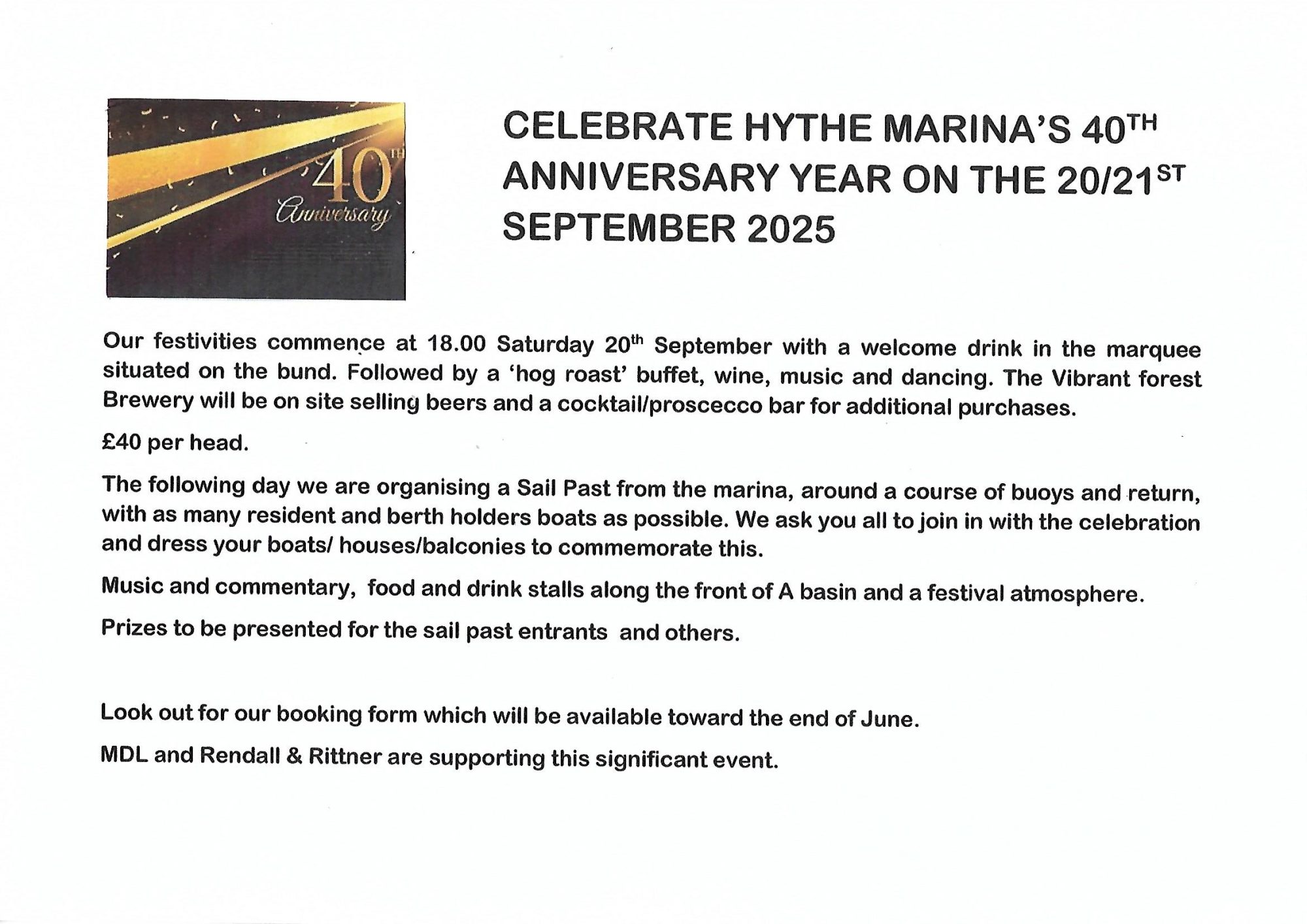 Poster of the3 40th Anniversary of Hythe Marina detailing the event